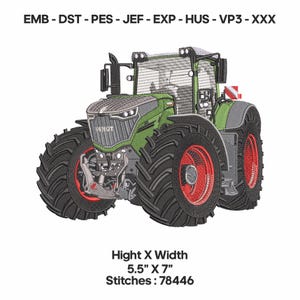 Könnte beinhalten: Gesticktes Design eines grünen und grauen Fendt-Traktors mit schwarzen Reifen und roten Felgen. Das Design enthält den Text "FENDT". Die Abmessungen betragen 14 cm x 18 cm mit 78446 Stichen. Geeignet für Stickmaschinen.