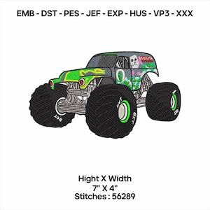 Könnte beinhalten: Gesticktes Monster-Truck-Design mit großen schwarzen Reifen und grünen Akzenten. Der Truck hat eine Totenkopf-Grafik und den Text "BKT" auf den Reifen. Das Design misst 17,78 cm x 10,16 cm und hat 56.289 Stiche.
