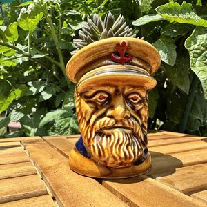 May include: A ceramic planter shaped like a captain's head, featuring a detailed face with a beard and a hat with a red anchor emblem. The planter is filled with a small succulent plant. The planter is brown and tan.