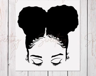 May include: Black and white illustration of a woman's face with closed eyes and two high buns. The image features detailed eyelashes and delicate hairline details. The artwork is set against a white background.