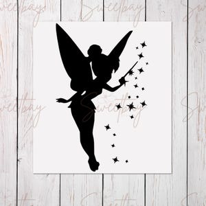 May include: Black silhouette of a fairy with large wings, holding a wand and surrounded by stars. The fairy is in a dynamic pose, with her arm outstretched and stars emanating from the wand. The design is on a white background.