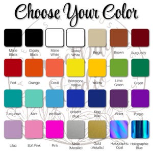Op de afbeelding: Een afbeelding met de tekst "Choose Your Color" boven een raster van kleurstalen. De stalen omvatten mat en glanzend zwart en wit, beige, bruin, bordeauxrood, rood, oranje, koraal, geel, limoengroen, groen, turquoise, mint, blauw, violet, paars, lila, roze, zilver, goud en holografisch.