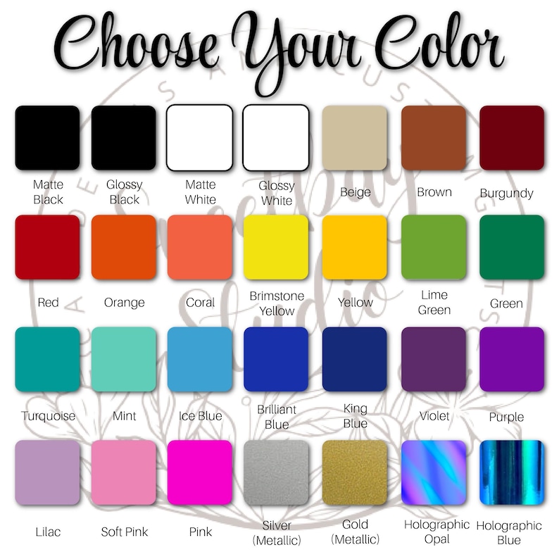 Op de afbeelding: Een afbeelding met de tekst "Choose Your Color" boven een raster van kleurstalen. De stalen omvatten mat en glanzend zwart en wit, beige, bruin, bordeauxrood, rood, oranje, koraal, geel, limoengroen, groen, turquoise, mint, blauw, violet, paars, lila, roze, zilver, goud en holografisch.
