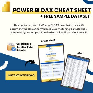 May include: A digital product advertisement for a Power BI DAX cheat sheet and free sample dataset. The image features two tablets displaying the cheat sheet and an Excel dataset, with the text "POWER BI DAX CHEAT SHEET".