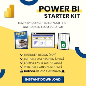 Puede incluir: Imagen promocional para un kit de inicio de Power BI. La imagen presenta el texto "POWER BI STARTER KIT" y "APRENDE HACIENDO - CONSTRUYE TU PRIMER PANEL DESDE CERO". Incluye un libro, un gráfico de panel y una tableta con una hoja de cálculo. La imagen también enumera el contenido del kit.
