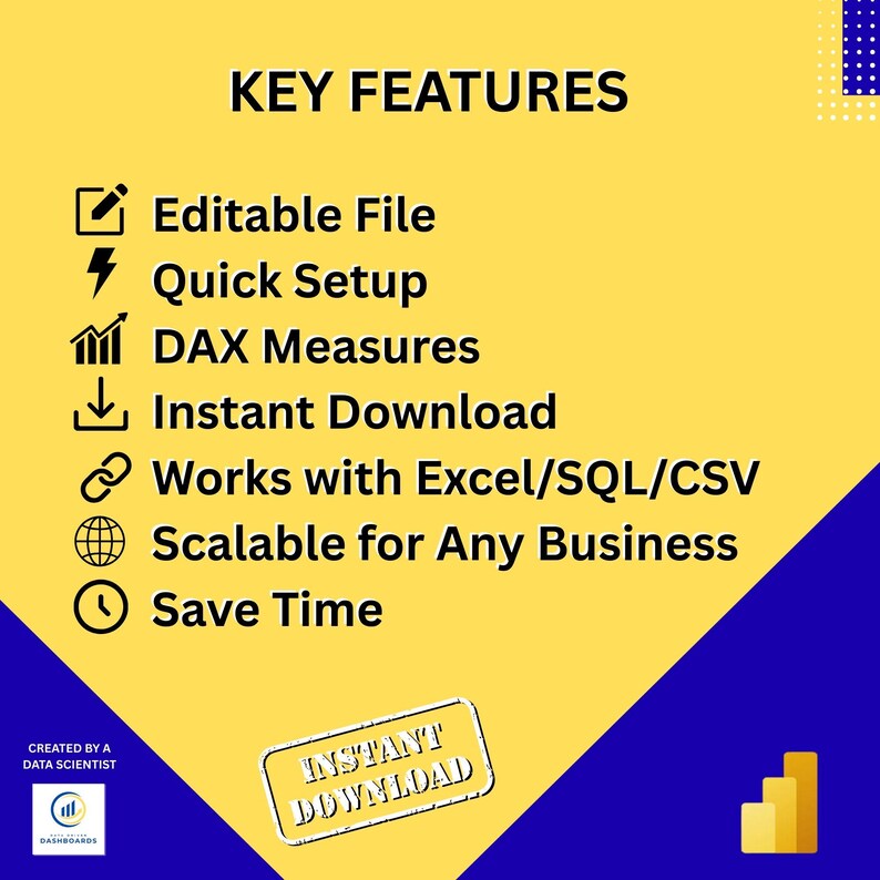 May include: Yellow and blue graphic with the text "KEY FEATURES" and bullet points: Editable File, Quick Setup, DAX Measures, Instant Download, Works with Excel/SQL/CSV, Scalable for Any Business, and Save Time. Includes "INSTANT DOWNLOAD" text.