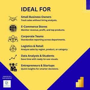 May include: A yellow and blue graphic with the text "IDEAL FOR" and lists for small business owners, e-commerce stores, corporate teams, logistics & retail, data analysts & students, and entrepreneurs & startups. The graphic includes icons and the text "CREATED BY A DATA SCIENTIST".