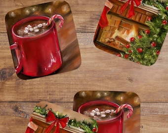 Juego de 4 posavasos navideños acogedores con diseño de taza de chocolate caliente y chimenea