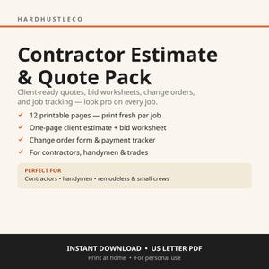 Contractor Estimate Template Printable | Job Quote Form, Construction Bid Worksheet, Change Order & Invoice Pack PDF