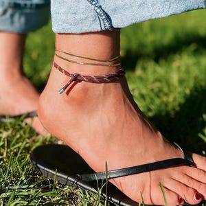 Adjustable Gold Plated or Silver Paracord Ankle Bracelet - Brown/White