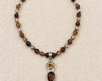 Topaz  Silver Pendant with Peridot Inset/ Topaz and Sterling Spacers/Artisan Handmade – 16 Inch Necklace