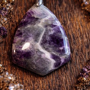 Puede incluir: Un colgante grande de amatista pulida con una fianza de plata. El colgante es de color p&uacute;rpura oscuro con vetas grises y blancas m&aacute;s claras. El fondo incluye una superficie de madera y otras cuentas de amatista.