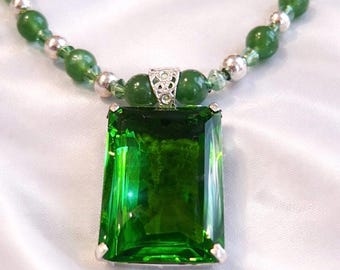 Lab Created Grossular Garnet Necklace Green Gemstone Jewelry, Sterling Silver Spacers and Findings.