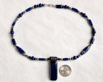 Lapis & Sodalite Necklace with Lab‑Created Tanzanite Pendant – Artisan Handmade – 18 Inch Necklace