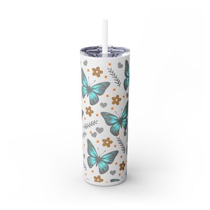 Butterfly Skinny Tumbler with Straw, 20oz | Floral Drinkware for Nature Lovers, Gifts for Her, Summer Vibes, Eco-Friendly Cups, Water Bottle