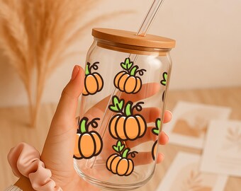 Pumpkin Glass Can Coffee Cup With Lid and Straw, Fall Coffee Mug, Fall Season Gift Pumpkin Season Design Iced Coffee Cup, 16oz Glass Can Cup