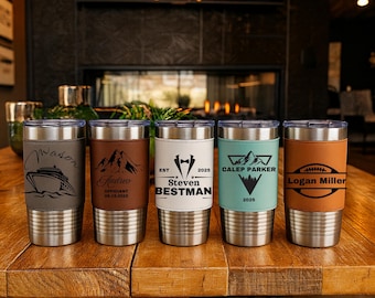 Vaso de cuero personalizado / Regalo para padrinos de boda / Taza de viaje personalizada de 20 oz / Taza de cuero grabada / Regalo para padrinos de boda / Regalo para bodas
