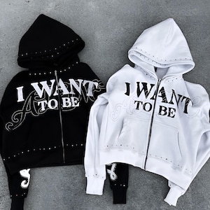 Custom  Rhinestone Zip-Up Hoodie | GUZEL SPORTS | Black & White