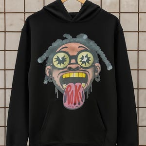 Bold Graphic Black Hoodie | Urban Streetwear Unisex Pullover | ROKU Graffiti Art Sweatshirt | Hip Hop Fashion Hoodie