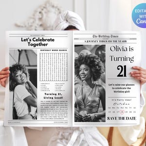 Birthday Newspaper Canva Template, Birthday Invitation Template, Birthday Program, Large Birthday Newspaper, Editable Newspaper Itinerary