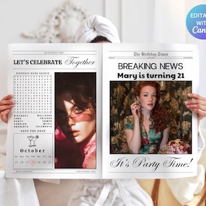 Editable Birthday Newspaper Template, Newspaper Girls Birthday Invitations, Large Newspaper Canva Template, Birthday Gift, Gift For Her