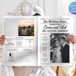 Könnte beinhalten: Eine Hochzeitsanzeige im Zeitungsstil mit der Überschrift "The Wedding Times" und den Namen "Emma and Nick". Die Anzeige enthält Fotos, ein Wortsuchrätsel und den Text "ARE GETTING MARRIED!". Das Design ist mit Canva bearbeitbar.