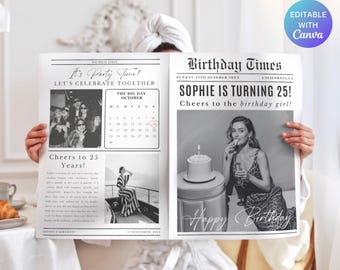 Plantilla de periódico de cumpleaños de Canva, plantilla de periódico de cumpleaños editable, plantilla de periódico grande, periódico de cumpleaños para fotografía