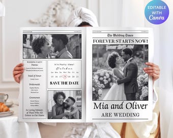 Wedding Newspaper Template with Photo, Wedding Newspaper Template, Wedding Program, Newlywed Times, Editable Newspaper Itinerary Template