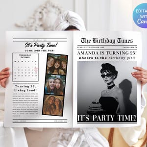 Birthday Newspaper Template, Newspaper For Birthday Invitation, Happy Birthday Announcement, Large Birthday Newspaper, Canva Template