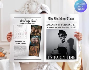 Geburtstag Zeitung Vorlage, Zeitung für Geburtstagseinladung, alles Gute zum Geburtstag-Ankündigung, große Geburtstag Zeitung, Canva Vorlage
