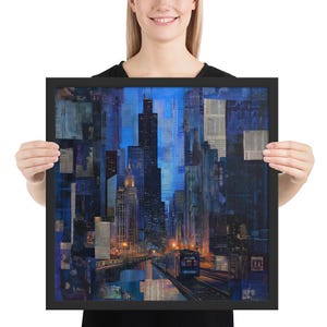 Poster collage con cornice raffigurante la notte di Chicago / Arte murale urbana suggestiva / Decorazione con paesaggio urbano jazz / Stampa fisica