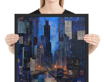 Framed Chicago Night Collage Poster | Moody Urban Wall Art | Jazz Cityscape Decor | Physical Print