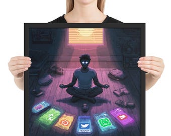 Doomscroll Yoga Pixel Art Wall Decor – Framed 8-Bit Satire Poster on Mindfulness, Screen Addiction, and Digital Burnout in Modern Life