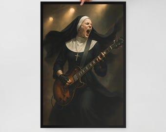 Rockstar Nun Wall Art – Framed Poster Print – Music Room or Man Cave – 3 Size Options