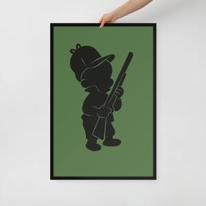 Poster da parete Elmer Fudd – Silhouette minimalista di cartone animato incorniciata – Decorazione Looney Tunes – Disponibile in diverse dimensioni
