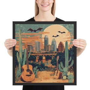 Gerahmte Austin Texas Collage Poster | Boho Music City Wandkunst | Western Sonnenuntergang Dekor | Physischer Druck