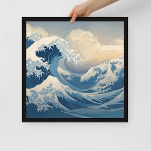Japanese Wave Wall Art Framed AI Art Print Matte Paper Decor In Black White Or Wood Multiple Sizes Ready To Hang