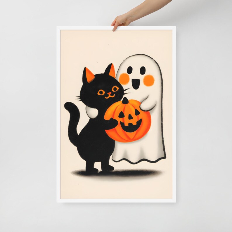 Cute Ghost and Cat Halloween Wall Art Framed Poster Print Vintage