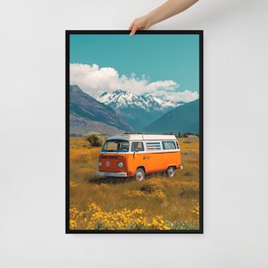 Retro Camper Van Wall Art – Framed Poster Print – Boho Travel Decor or Vanlife Gift – 3 Size Options