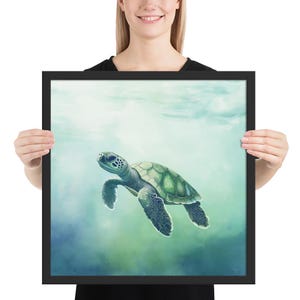 Decorazione murale per cameretta con tartaruga marina che nuota, acquerello – Decorazione con animali dell'oceano calmi per la cameretta del bambino – Stampa neutra blu acqua