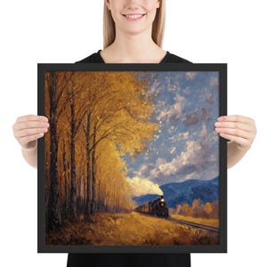 Thru the Autumn Pass Poster – Impressionistische Malerei einer Dampflokomotive, die sich durch Herbstbäume schlängelt