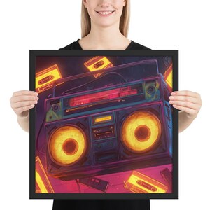 Retro Boombox Glow – Framed Wall Art for Dorm Room – 90s Aesthetic Music Poster with Neon Cassette Vibes