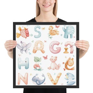 Arte murale per la cameretta dei bambini con alfabeto giocoso e acquerello – Poster educativo ABC per bambini piccoli – Decorazione per la cameretta dei bambini per un apprendimento di genere neutro