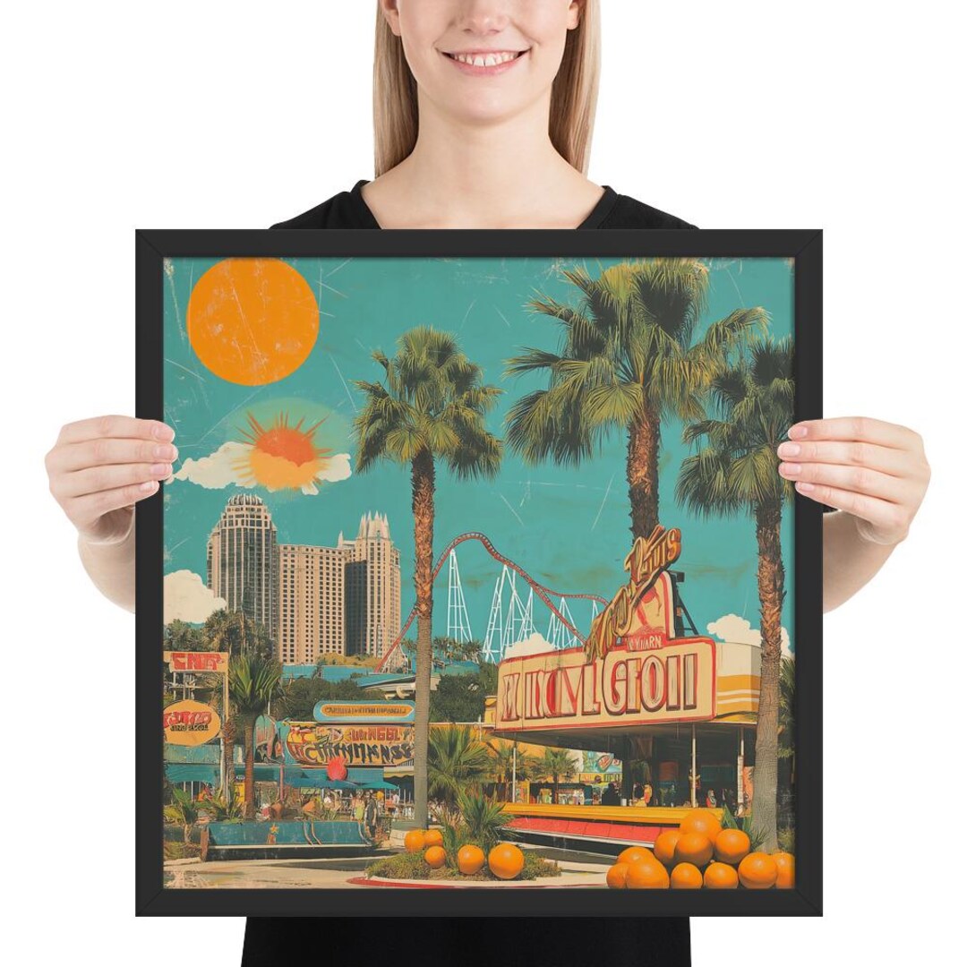 Framed Orlando Travel Collage Wall Art | Retro Theme Park City Poster ...