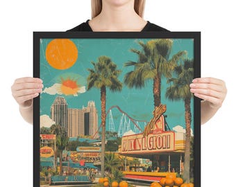 Framed Orlando Travel Collage Wall Art | Retro Theme Park City Poster | Colorful Florida Decor | Physical Print