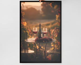Romantic Vineyard Wine Wall Art – Framed Poster Print – Sunset Kitchen or Bar Decor – 3 Size Options