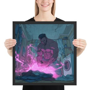 Si è allenato per 1000 anni per piegare questo bucato – Poster satirico anime incorniciato con un artista marziale potente piegato a metà in un'aura gloriosa