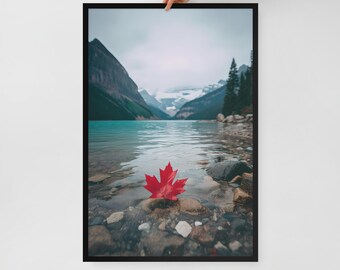 Canadian Nature Wall Art – Framed Poster Print – Lake and Maple Leaf Decor – 3 Size Options