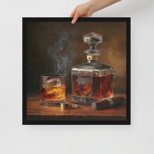 ウイスキールームのウォールアート - 額入り静物画プリント - テイスティングルームや男の隠れ家のためのエレガントなウイスキーグラスと葉巻の装飾
