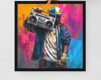 Boombox Graffiti Hip Hop Framed AI Art Print Matte Paper Wall Decor In Black White Or Wood Multiple Sizes